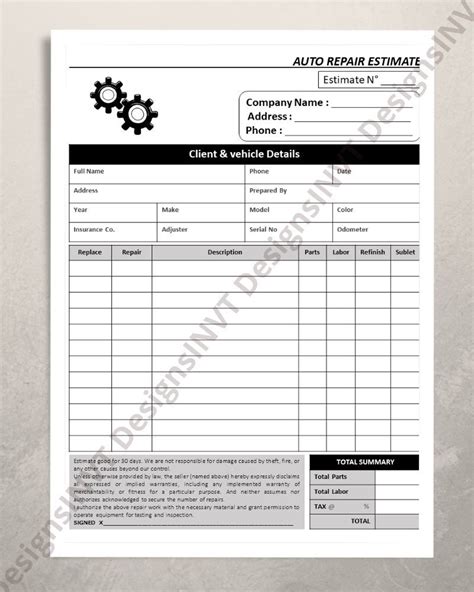 Auto Repair Estimate Form | Printable Auto Repair Estimate Template ...
