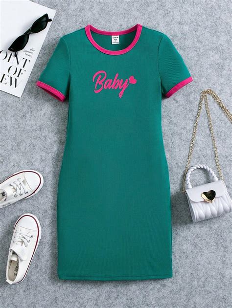 SHEIN Tween Girl Letter Graphic Contrast Binding Ribbed Knit Dress for ...