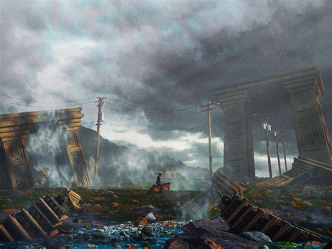 Download wallpaper 1400x1050 rider, horse, ruins, columns, smoke, art ...