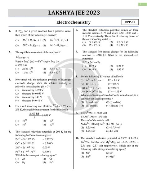 Electrochemistry DPP 05 - 1 LAKSHYA JEE 2023 Electrochemistry If Eocell ...