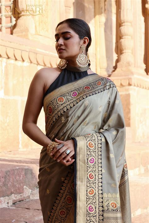Pure Banarasi with Katan Light grey Saree – Minakari