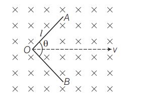 An angle A O B made of a conducting wire moves along its bisector ...