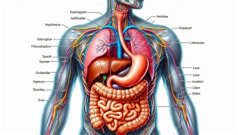 A diagram of a human body with the organs labeled with the organs ...
