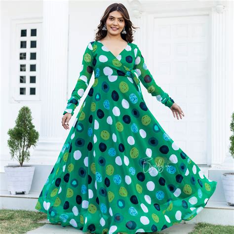Green Polka Dot Georgette Angharkha Gown – Byutify.in