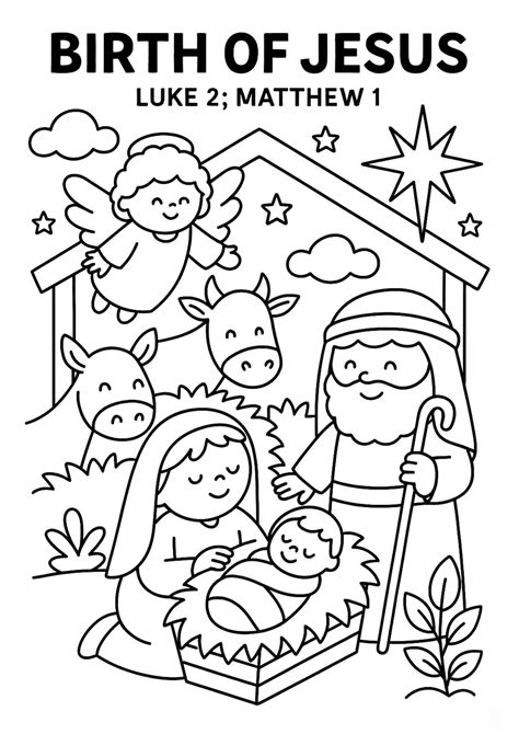 Birth of Jesus – Luke 2; Matthew 1 Colouring Page (Free Printable) | Jesus coloring pages ...