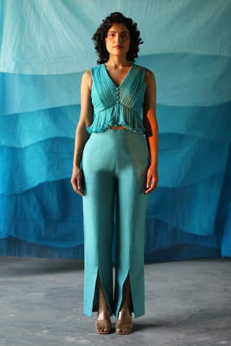 Buy Blue Silk Wrinkle Chiffon And Cotton Linen V Neck Cropped Peplum ...