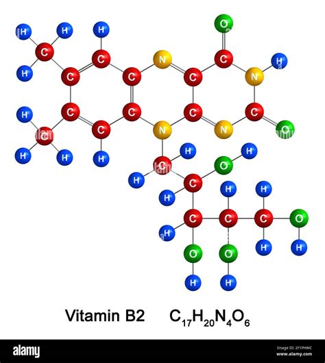 3d render of molecular structure of Vitamin B2 isolated over white background. Atoms are ...