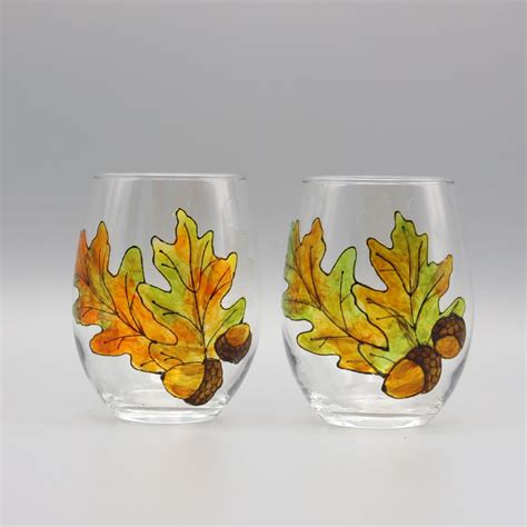 Fall Oak Leaves Wine Glasses | Set of Two | Hand Painted Personalized Gifts