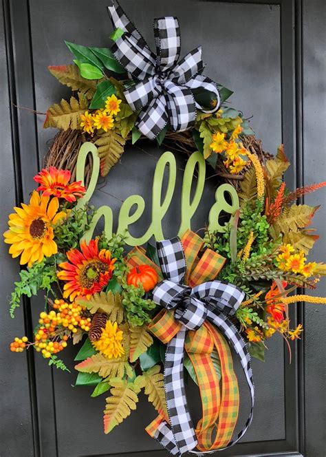 Fall Door Wreath, Sunflower Wreath, Fall Pumpkin Wreath, Hello Wreath ...
