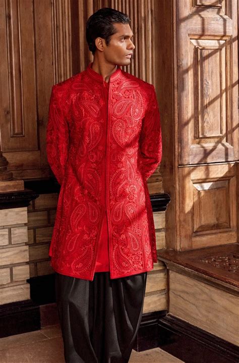 Red Thread Work Sherwani Set – Seema Gujral