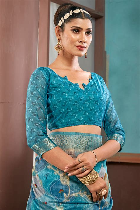 Buy Deep Sea Cotton Linen Saree online-Karagiri