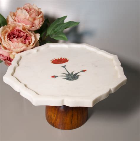 RED FLOWER INLAY MARBLE CAKE STAND – THATCHED ROOF