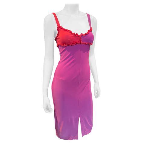 Y2K Stephen Burrows Pink Ombré and Lettuce Edge Trim Slinky Dress For Sale at 1stDibs