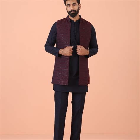 Navy Silk Blend Maroon Mirror Work Nehru Jacket Set – Kisah