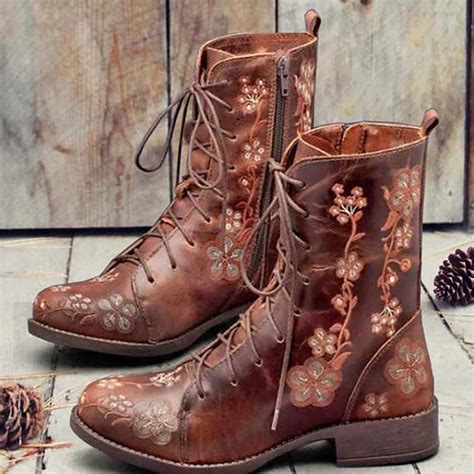 Women's Vintage Floral Embroidered Lace-Up Ankle Boots - Bohemian Style ...