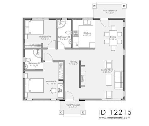2 bedroom family house - ID 12215 | Small modern house plans, Two ...