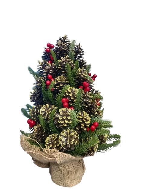 Mini Pinecone Christmas Tree 35cm | Tabletop Decoration with Red Berri ...