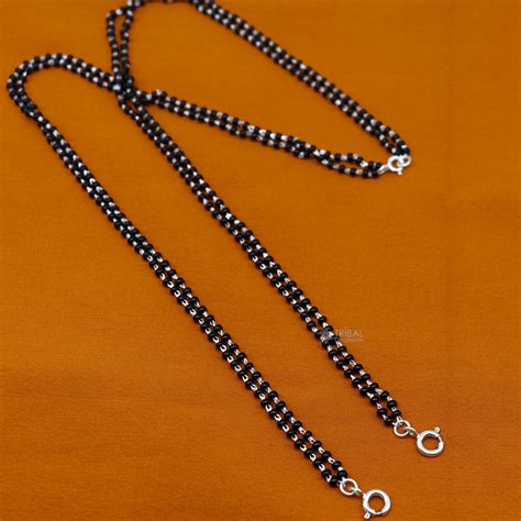 925 sterling silver 2.2mm black beads 2 line chain, vintage Cultural f ...