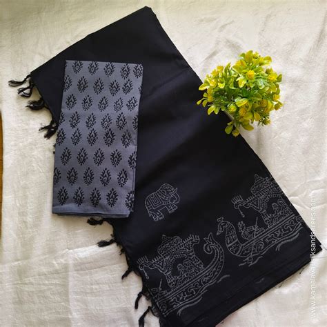 South Cotton Mix Block Printed Saree Black colour with Contrast colour ...