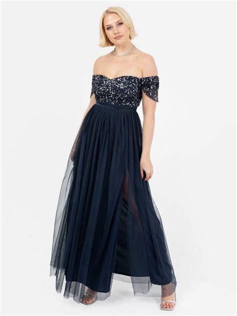 Maya Deluxe Bardot Sequin Tulle Maxi Dress, Navy