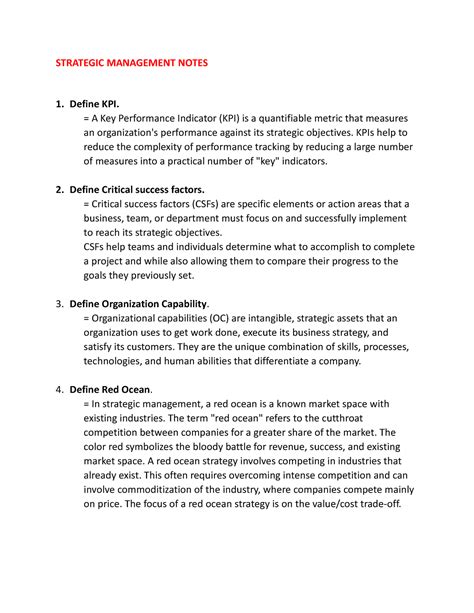 Strategic Management Notes - STRATEGIC MANAGEMENT NOTES Define KPI. = A ...