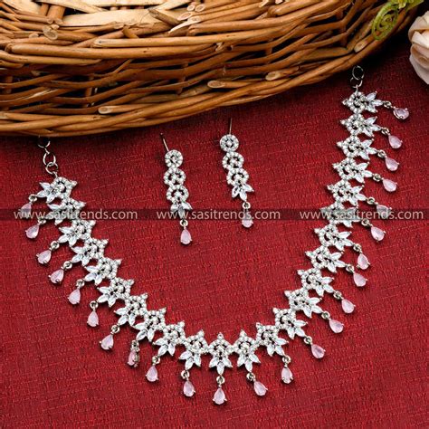 Latest Floral Rhodium Silver Plated Party Wear Necklace Set with AD ...