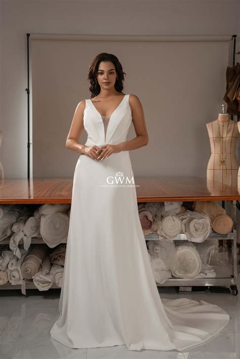 Soft Aline Deep V Neck Wedding Dress - GWM2204 - Gorgeous Wedding Memories