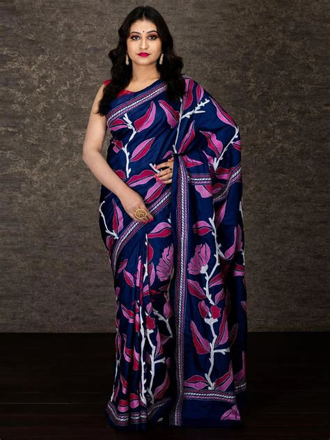 Buy Midnight Blue Kantha Stitch Saree - WeaversIndia