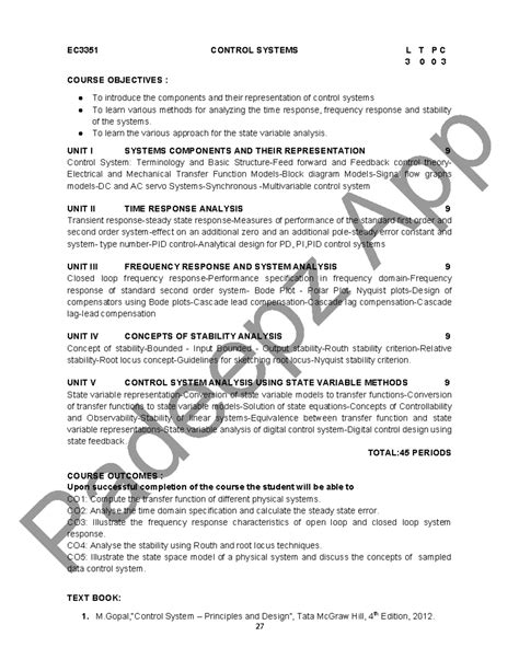 EC3351 Control Systems Syllabus Overview and Course Objectives - Studocu