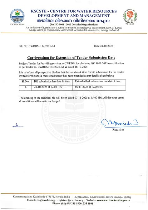 Extension of Tender Submission date for ISO 9001:2015 recertification ...