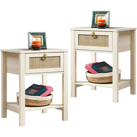 SICOTAS White Nightstand Set of 2,Rattan Decor Drawer with Brass Knobs ...