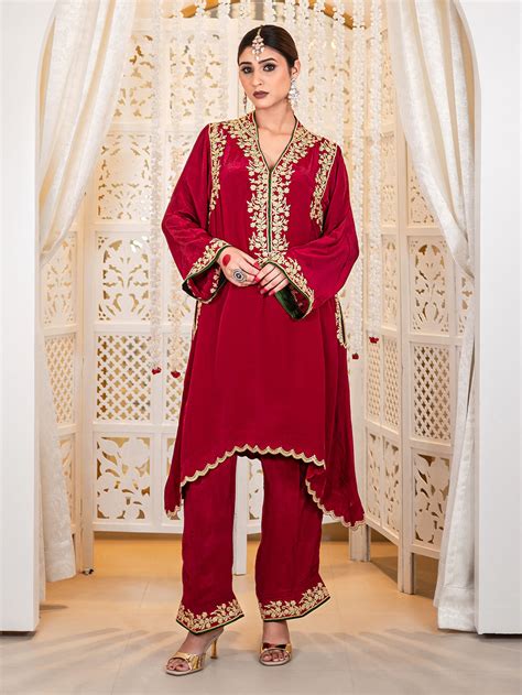 Mehendi Green Embroidered Crepe Kurta with Dhoti Pants - Set of 2