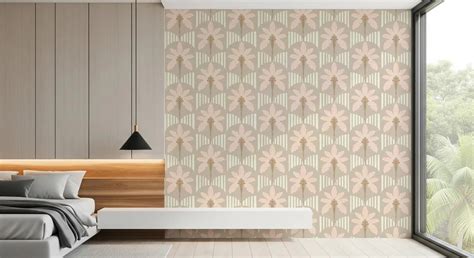 Blush Fronds and Stripes Wallpaper in Soft Beige