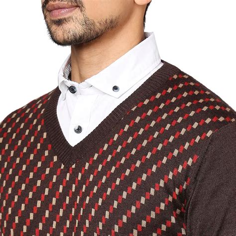 Men Brown Jacquard Wool Blend Full Sleeve V Neck Collar Sweaters ...
