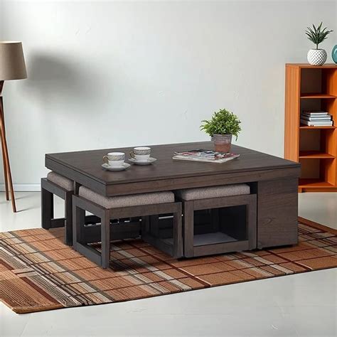 Royaloak Boston American Wooden Coffee Table with 4 Stool | Solid Wood ...