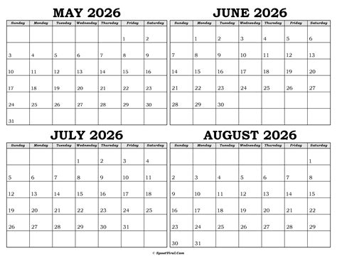May To August 2026 Calendar Templates- SpootViral