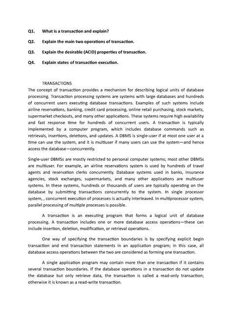 DBMS VTH Module - It's lecture notes - Q1. What is a transaction and ...