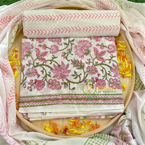 White and Pink Green Jaipur Cotton Suit Material Set-VS1025 – vrikshamindia