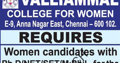 Valliammal Chennai Faculty Jobs 2019 in Biotech/Microbiology/Biochemistry
