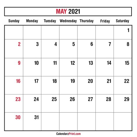 May 2021 Monthly Planner Calendar, Printable Free – Sunday Start ...