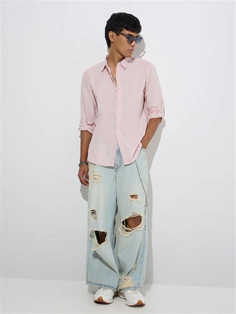 Buy Nuon Light Pink Solid Slim-Fit Cotton Shirt from Westside