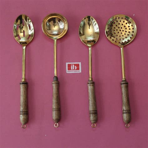 Shop Brass Serving Ladles With Wooden Handles Set Of 4 | Kansa Kitchen ...