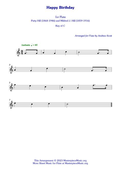 Happy Birthday - Free Sheet Music for the Flute - MasterpieceMusic.org