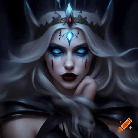 Vampire queen with grey skin, blue eyes, blond hair, crown, and black ...