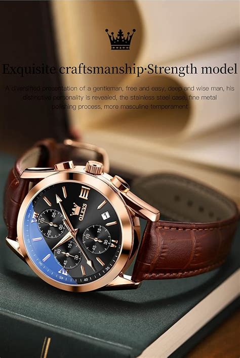 Buy OLEVS Mens Brown Leather Watch Chronograph Quartz Gold/Rose Gold ...