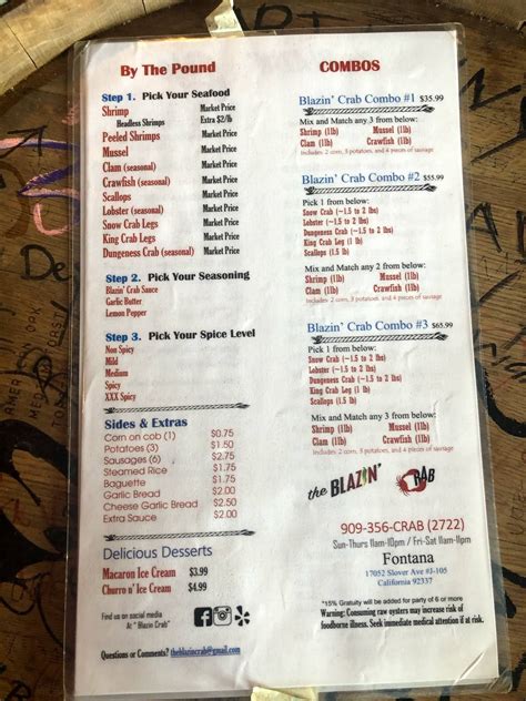 Menu at Blazin' Crab Fontana pub & bar, Fontana