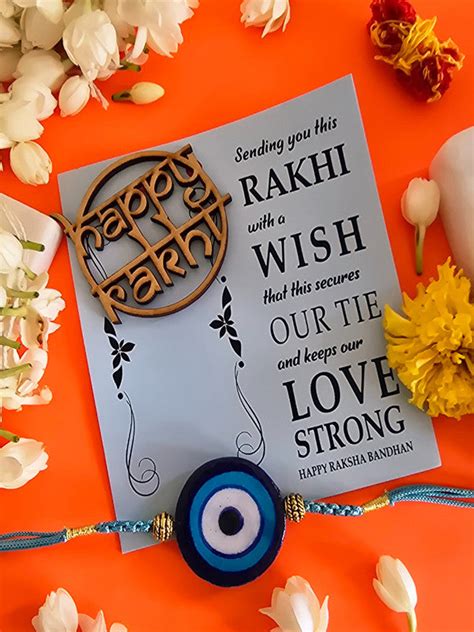 Homearte India Blue Pottery Evil Eye Print Rakhi And Happy Rakhi Cutou