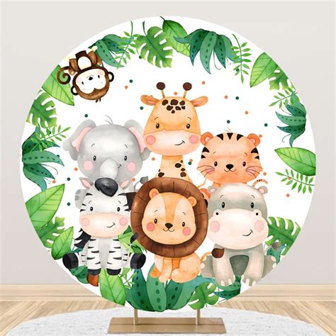 Eainb 5ft Safari Animals Round Backdrop Cover Cartoon Forest Animals ...