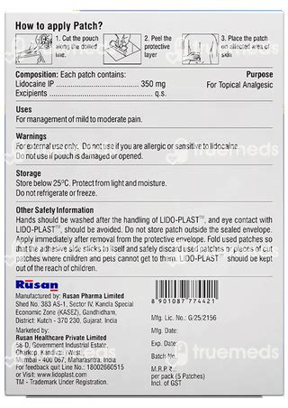 Lido Plast 350 Mg Patch 5 - Uses, Side Effects, Dosage, Price | Truemeds