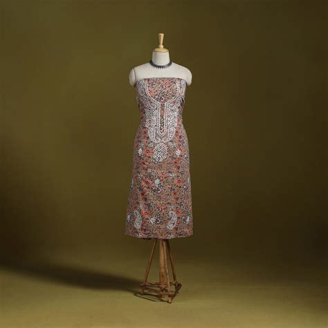 Brown Lucknowi Chikankari Work Sanganeri Unstitched Kurta Material